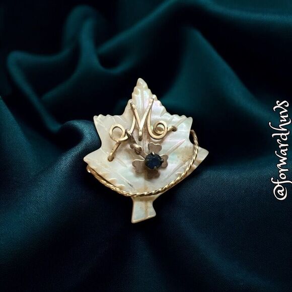 Mother of Pearl Brooch with Gold Wire Initial and Clover Accent - Picture 1 of 10